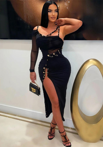 Sexy Solid Color Bodycon Mesh Off Shoulder Slit Hollow See-Through Pin Decoration Dress