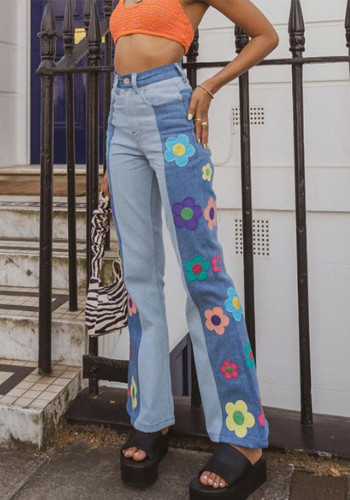 Denim trousers women's color matching side embroidery flowers high waist bootcut trousers