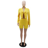 Shoulder pad polo collar jacket high waist shorts spring and summer business wear two-piece set