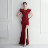 Mesh Beaded + Embellished Feather Star Red Carpet Long Evening Gown