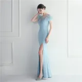 Mesh Beaded + Embellished Feather Star Red Carpet Long Evening Gown