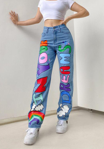 Trendy Yüksek Bel Gevşek Baskılı Graffiti Kadın Kot Pantolon