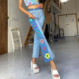 Denim-Hose für Damen, farblich passende seitliche Stickerei, Blumen, hohe Taille, Bootcut-Hose
