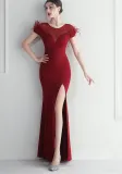 Mesh Beaded + Embellished Feather Star Red Carpet Long Evening Gown