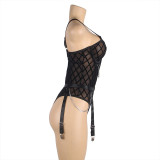 Plus Size Sexy One-Piece Lingerie Women's See-Through Plaid Mesh Metal Chain Underwire Push-Up Garter Set
