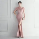Mesh Beaded + Embellished Feather Star Red Carpet Long Evening Gown