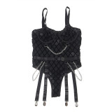 Plus Size Sexy One-Piece Lingerie Women's See-Through Plaid Mesh Metal Chain Underwire Push-Up Garter Set