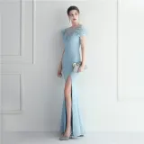 Mesh Beaded + Embellished Feather Star Red Carpet Long Evening Gown