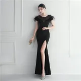 Mesh Beaded + Embellished Feather Star Red Carpet Long Evening Gown
