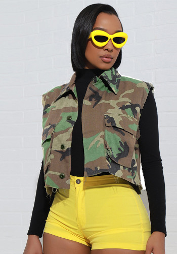 Casual Modieus Camouflage Print Grote Zak Turndown Kraag Cropped Mouwloos Vest voor Dames