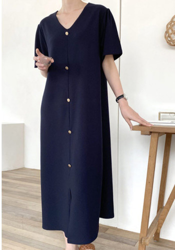 Summer V-neck Solid Color Plus Size Short Sleeve Long Dress