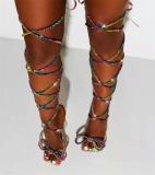Summer Plus Size Women's Roman Style Rhinestone Lace-Up Bow Wine Glass Heel Sandals Women