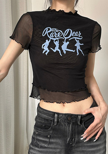 Dames zomer Letter Print Ruffle Edge Sheer Mesh Slim Fit T-shirt Top