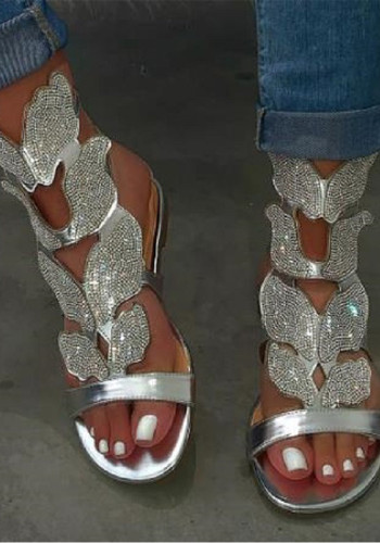 Sandalias de diamantes de imitación de talla grande para mujer, sandalias planas con diamantes de imitación de mariposa de una palabra de verano