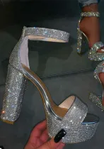 Women Chunky High Heel Rhinestone Strap Sandals