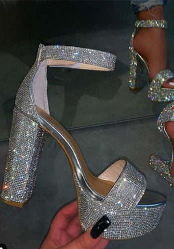 Sandalias con correa de diamantes de imitación de tacón alto grueso para mujer