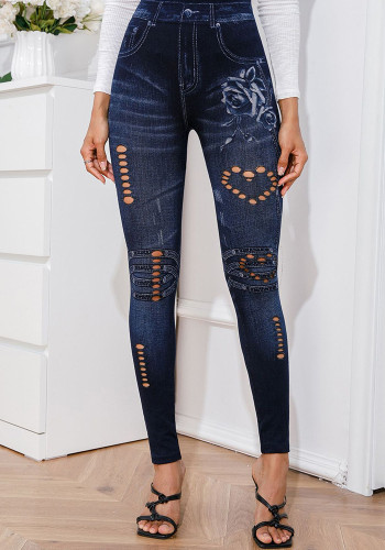 Pantalone jeans imitazione stampa casual strappato elasticizzato da donna