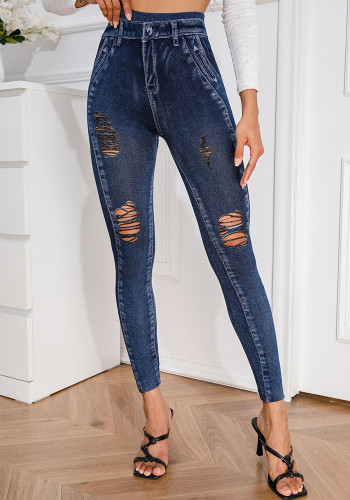 Pantaloni jeans imitazione stampa casual strappati ad alta elasticità da donna