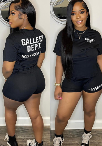 Abbigliamento donna Estate Stampa nera Girocollo Manica corta Top e pantaloncini Set due pezzi