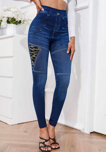 Pantaloni jeans imitazione stampa casual strappati ad alta elasticità da donna