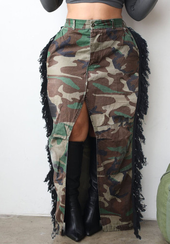 Jupe fendue à franges style camouflage pour femmes