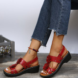 Women Round Toe Floral Open Toe Vintage Roman Wedge Sandals
