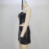Women's Summer Strapless Low Back Crop Sexy Top Bodycon Slit Skirt Set