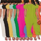 Women's Solid Color Loose Long Length Short Sleeve Jumpsuit Women's Bodysuit
