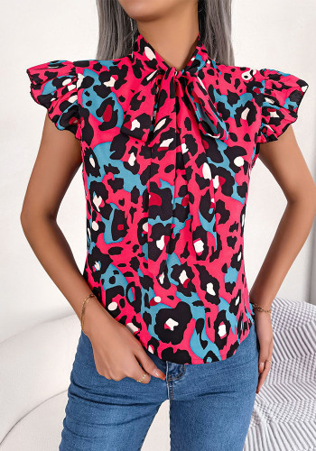 Casual Leopard Ruffle Edge Lace-Up Chiffon Shirt Top