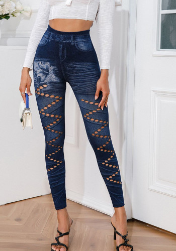Pantalones estampados casuales rasgados ajustados y elásticos altos sexy para mujer