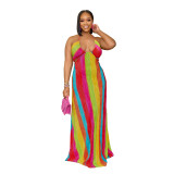 Sexy Multi-Color Print Pleated Halter Neck Lace-Up Oversized Plus Size Dress