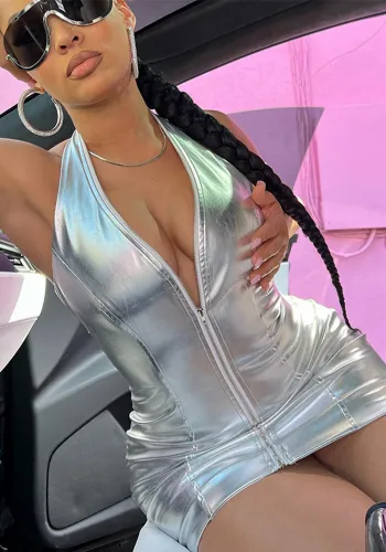 Women's Summer Solid Color Pleated Sexy Halter Neck Zipper Slim Bodycon Dress Girls Dress