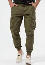 Calça cargo masculina com bolso tecido cintura rendada calça casual cor sólida