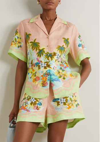 Primavera verano estilo Casual manga corta conjunto de dos piezas suelto vacaciones moda pantalones cortos conjunto mujeres