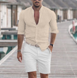 Men'S Plain Cotton Shirt Linen Plain Casual Stand Collar Long Sleeve Shirt