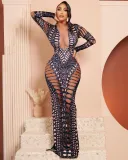 Women's Sexy Ripped Tight Fitting Hollow Out Beaded Print Maxi Dress