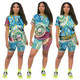 Women's Cartoon Tie Dye Printed Sports Casual Two-Piece Shorts Set