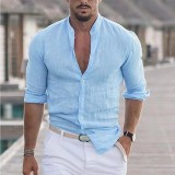 Men'S Plain Cotton Shirt Linen Plain Casual Stand Collar Long Sleeve Shirt