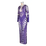 Women's Sexy Ripped Tight Fitting Hollow Out Beaded Print Maxi Dress