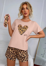 Conjunto de ropa de casa, pijamas de verano para mujer, pantalones cortos de manga corta, estampado de corazón de leopardo, conjunto informal Sexy de dos piezas