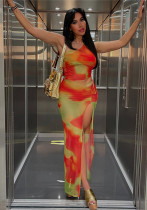 Conjunto de falda larga ajustada con abertura Sexy transparente con estampado de malla y hombros descubiertos a la moda de verano para mujer