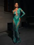 Women's Sexy Ripped Tight Fitting Hollow Out Beaded Print Maxi Dress