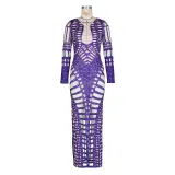 Women's Sexy Ripped Tight Fitting Hollow Out Beaded Print Maxi Dress