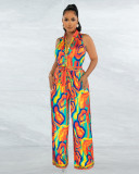 Women's Summer Ethnic Sleeveless Positioning Print Wide Leg Jumpsuit