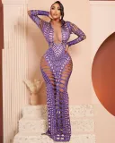 Women's Sexy Ripped Tight Fitting Hollow Out Beaded Print Maxi Dress