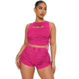 Women's Sexy Cutout Ribbed PUll Drawstring Two Piece Shorts Set