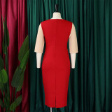 Damen Afrika Plus Size 3/4-Ärmel Farbblock-Bodycon-Kleid
