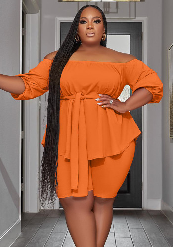 Wholesale Plus Size Women Off Shoulder Solid Top and Shorts Casual  Two-Piece Set