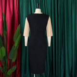 Women Africa Plus Size 3/4 Sleeve Color Block Bodycon Dress