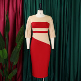 Damen Afrika Plus Size 3/4-Ärmel Farbblock-Bodycon-Kleid